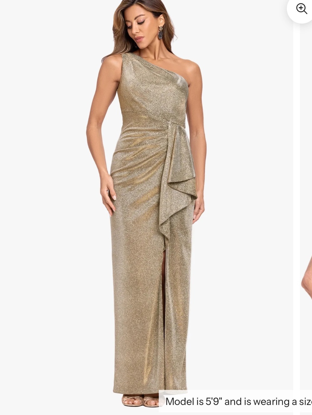 NWT XSCAPE MISHA" GLITTER KNIT ONE SHOULDER SIDE RUFFLE DRESS SIZE 10